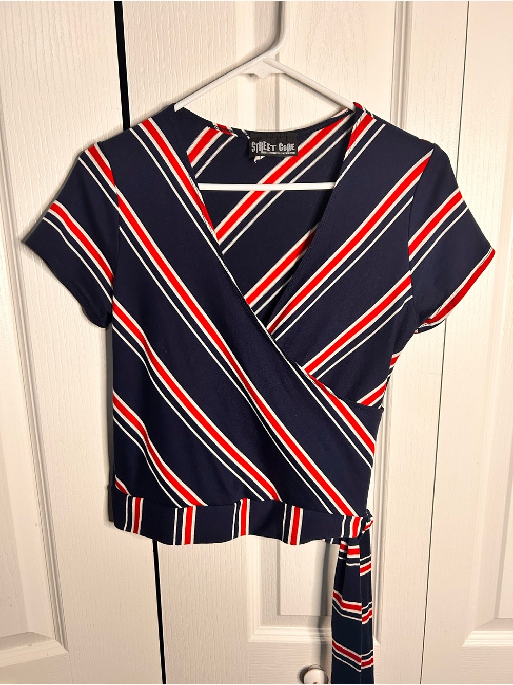 Street Code Women’s Size‎ Small Navy Wrap Top with Red & White Stripes Tie Waist